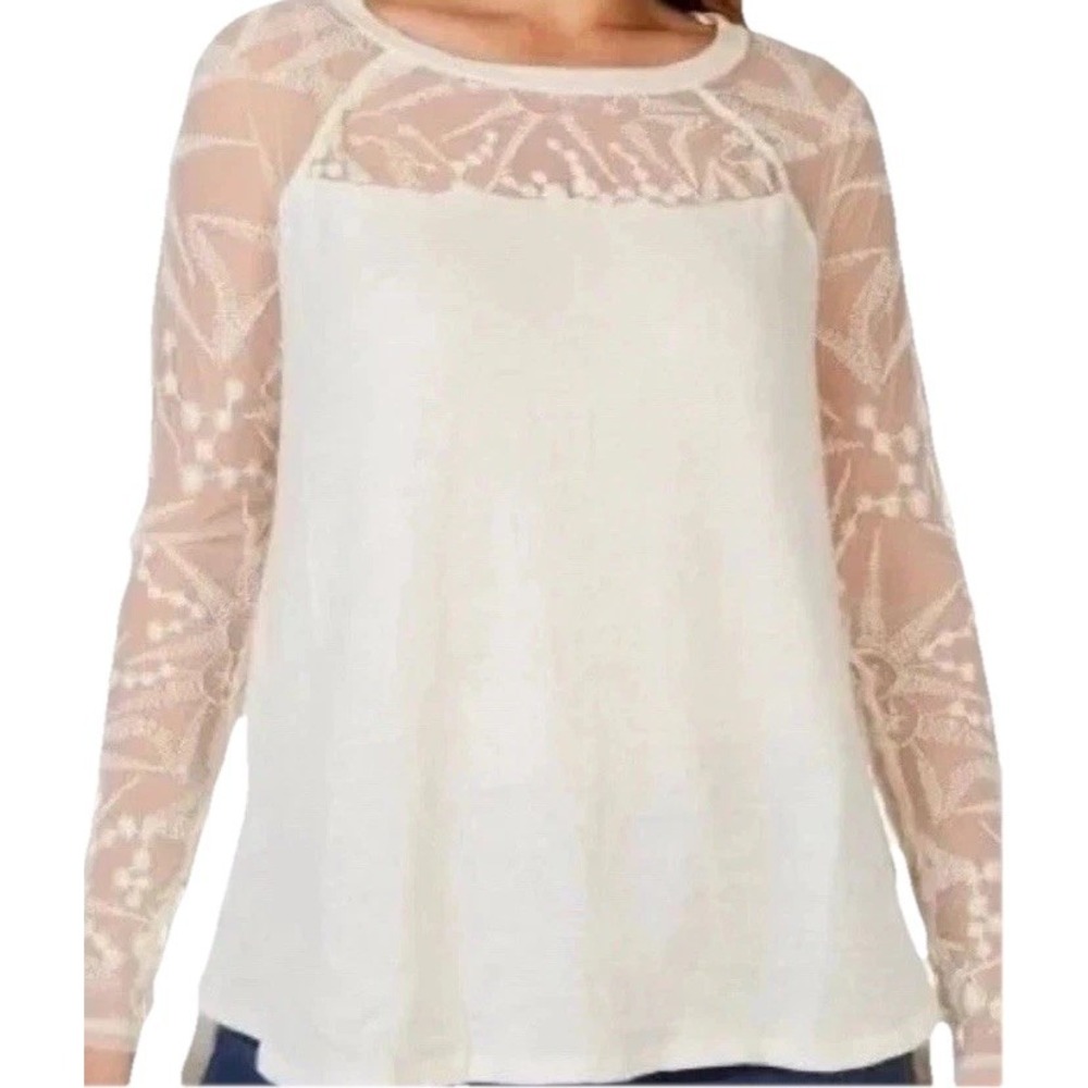 Free People Love Dove Lace Long Sleeve Tee Cream Shirt Womens S Sheer Arms Neck